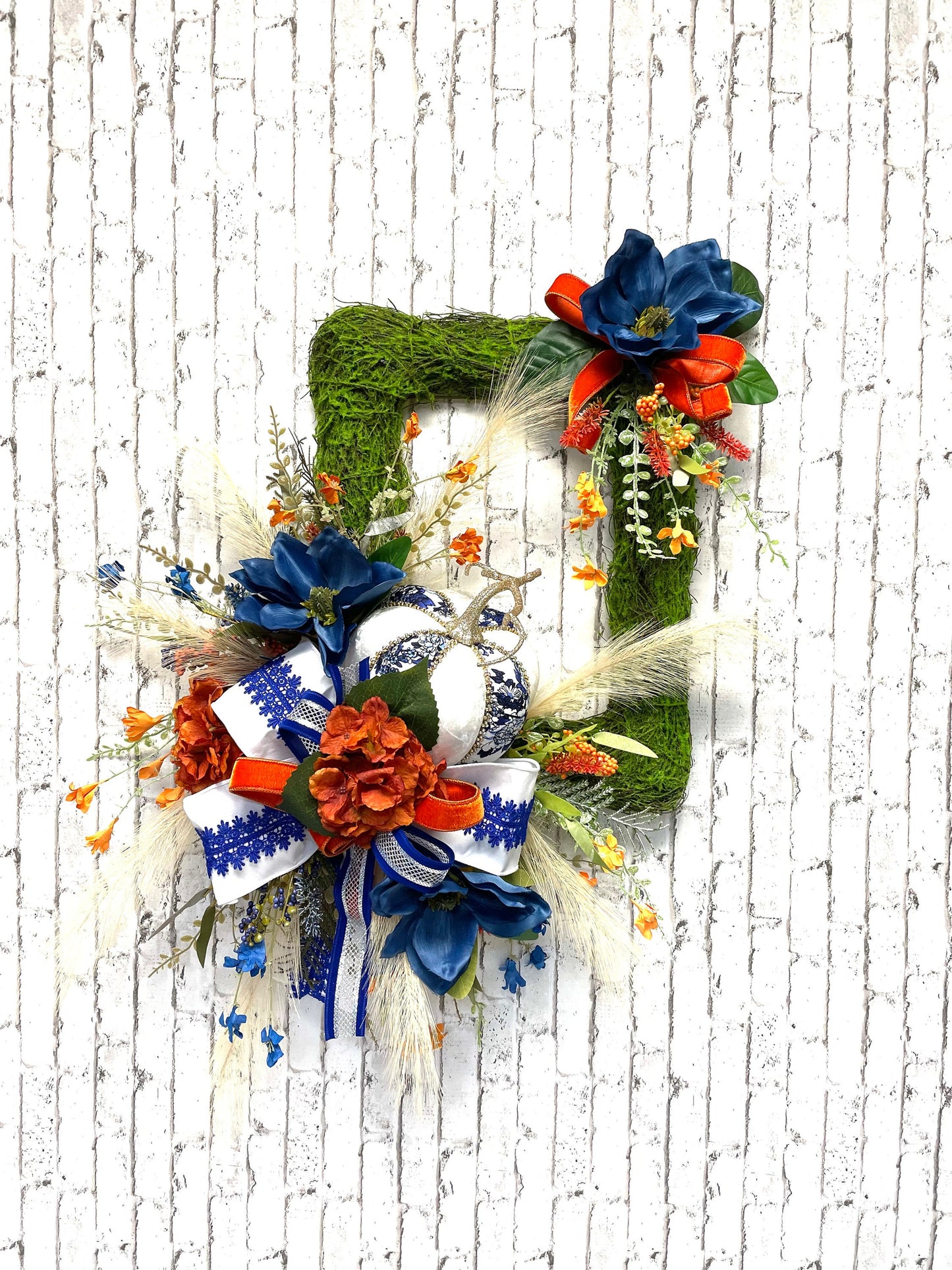 Fall wreath, fall boho wreath, fall decor, blue and orange fall wreath, pumpkin wreath, blue and orange boho decor, shipping included
