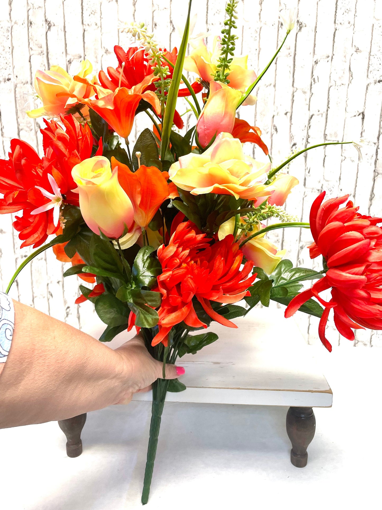 Mum Lily rose bush, 35101COOR, silk floral bush, orange silk flowers, orange silk bush, spring florals, summer florals