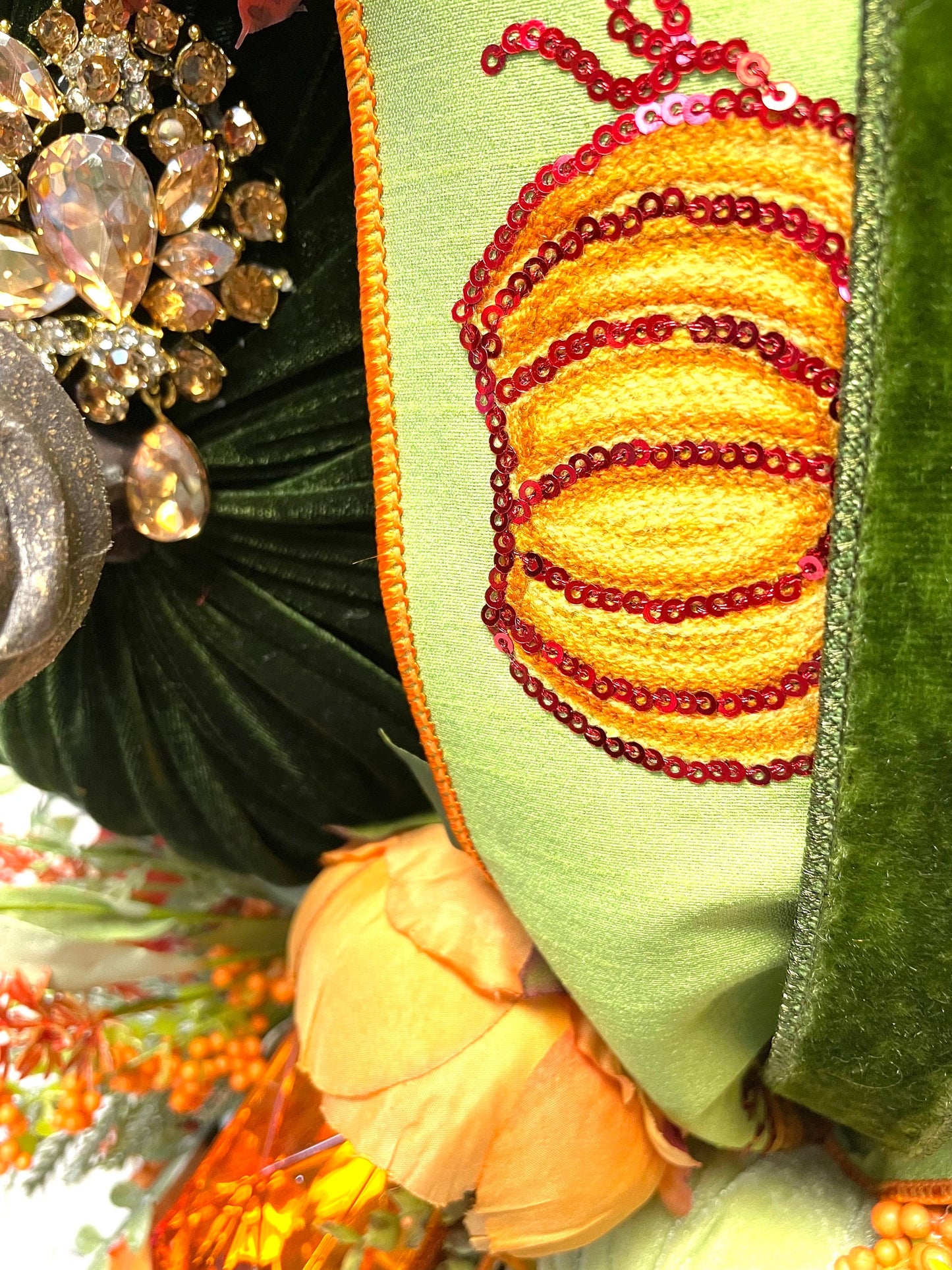fall swag, fall pumpkin swag, fall decor, fall swag with designer pumpkins, autumn color fall swag, velvet pumpkin swag, shipping included
