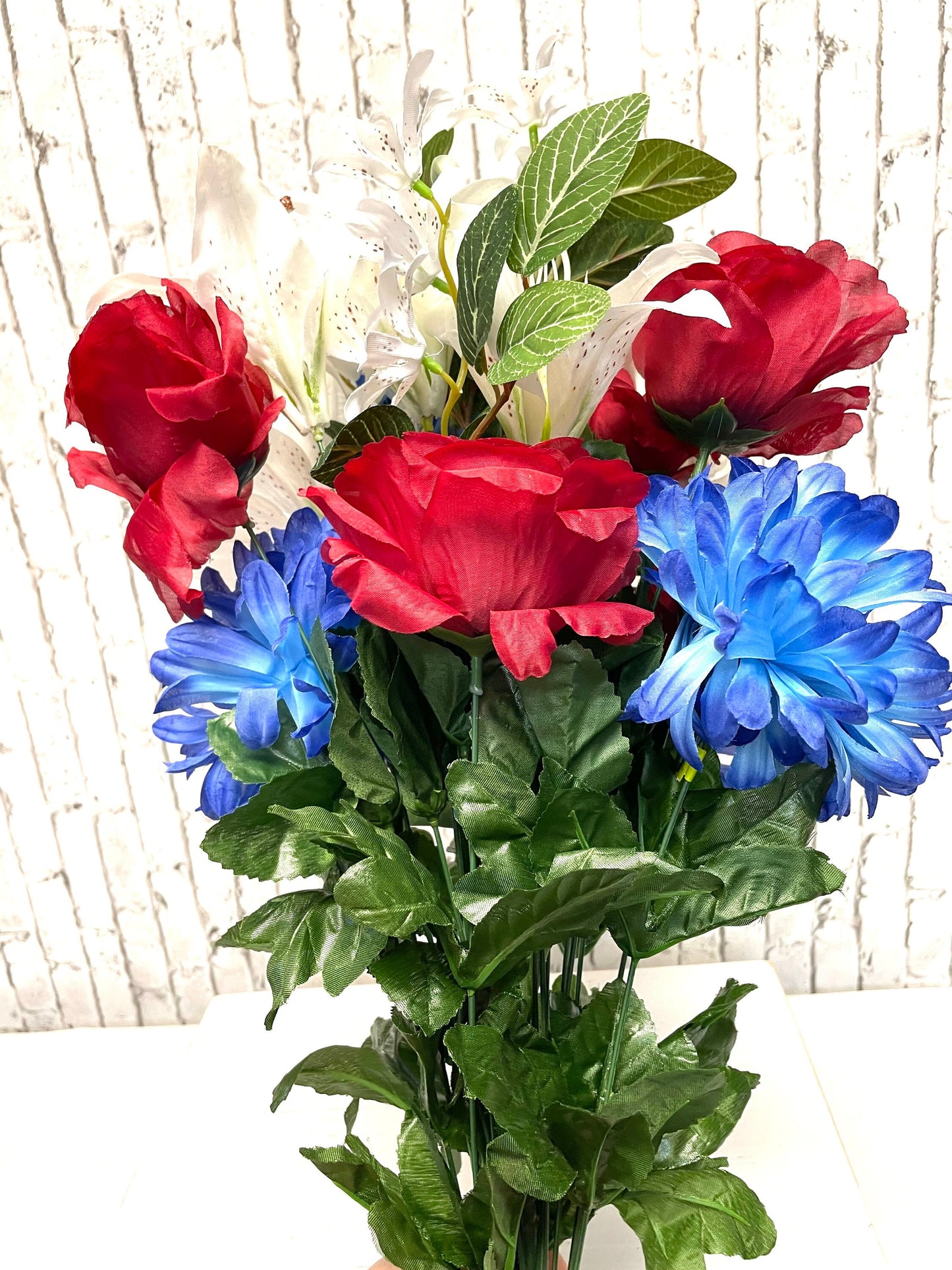 Patriotic silk bush, patriotic bush, patriotic cemetery silk flowers, 35121RWB,