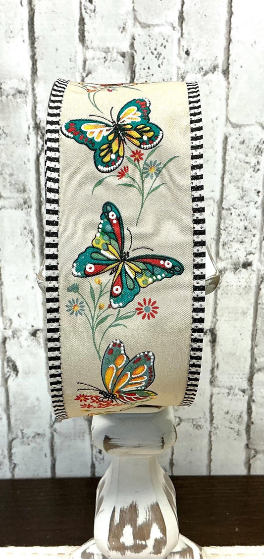 Butterfly ribbon with tan background and a black and white edge, 2.5” x 10YD, RGA882818