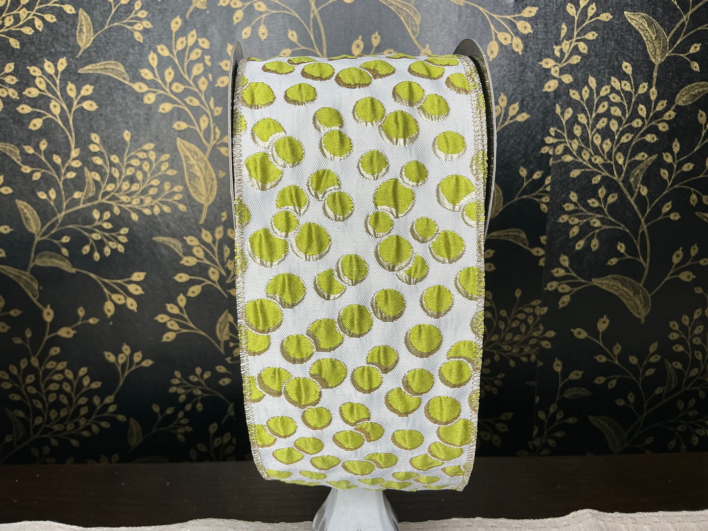 Ivory/Green dot ribbon, d stevens designer ribbon, 09-4624