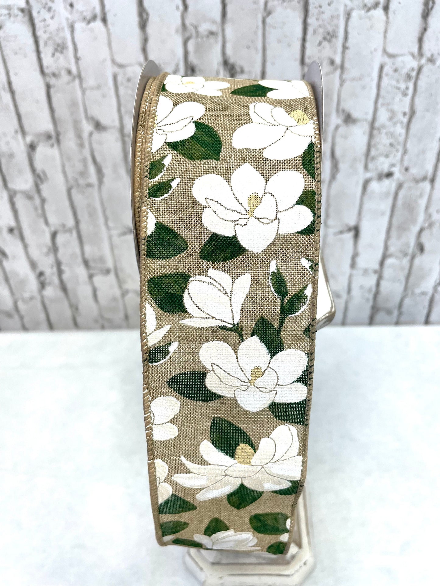 Magnolia on royal burlap, RGA132001, spring ribbon, everyday ribbon, summer ribbon, magnolia ribbon