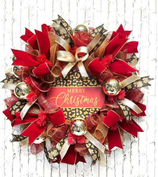 Christmas wreath, Christmas wreath with leopard, Christmas wreath with cheetah,  Christmas mesh wreath, free shipping