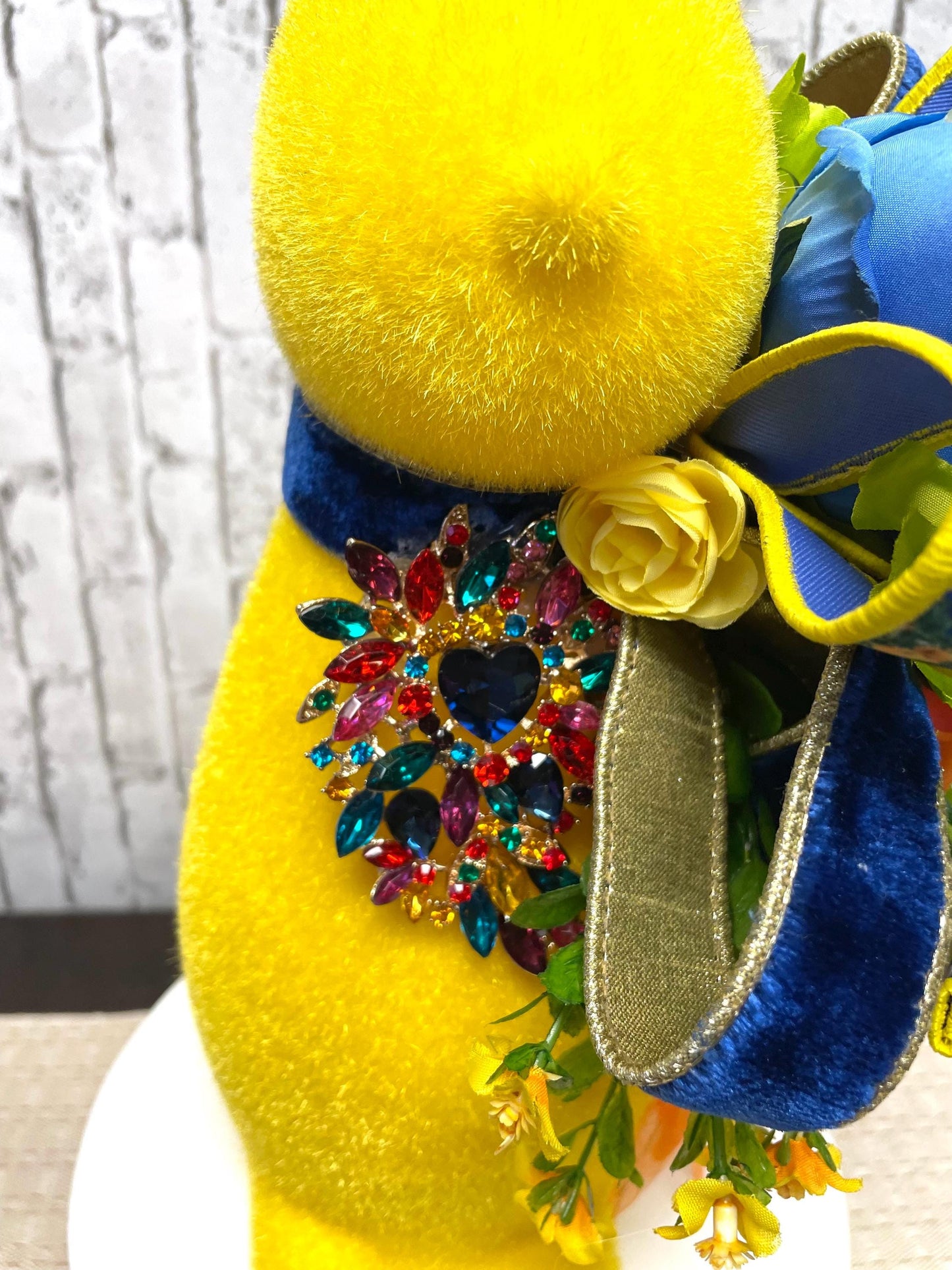 flocked bunny with flowers and gems, Easter decor, Easter bunny decor, glam bunny decor, 16 inch bunny decor, yellow bunny decor, gift