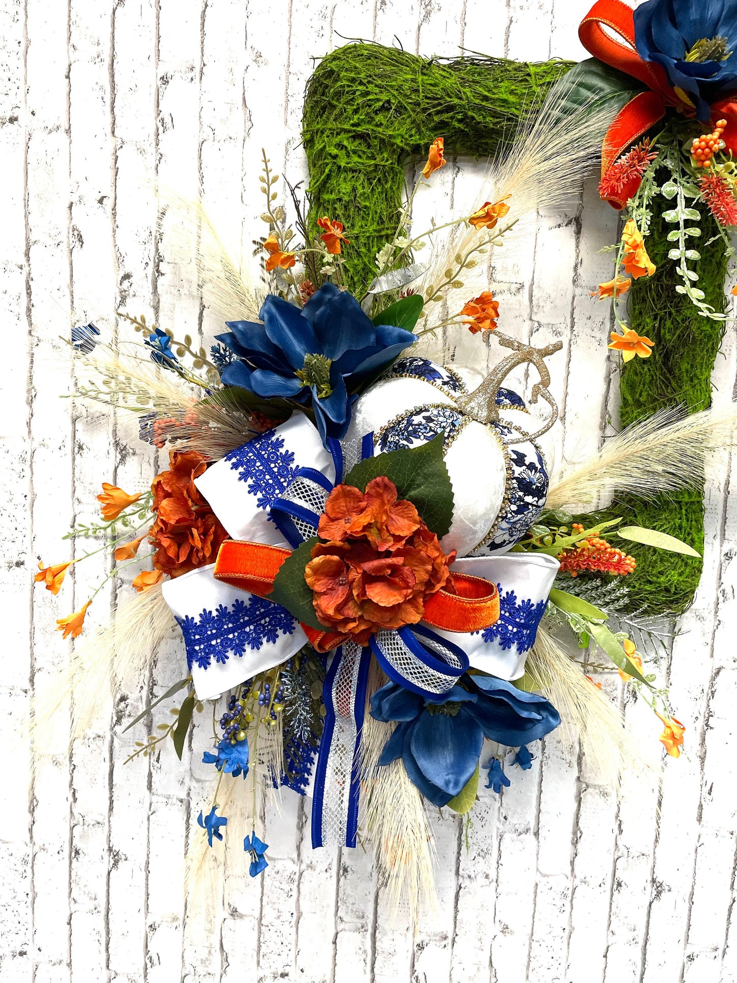Fall wreath, fall boho wreath, fall decor, blue and orange fall wreath, pumpkin wreath, blue and orange boho decor, shipping included