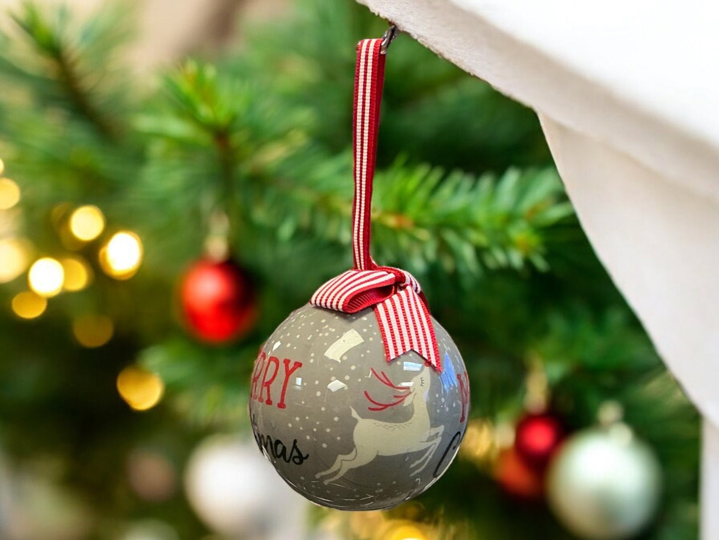 Merry Christmas with deer,(gray, red, white) Christmas Ornament