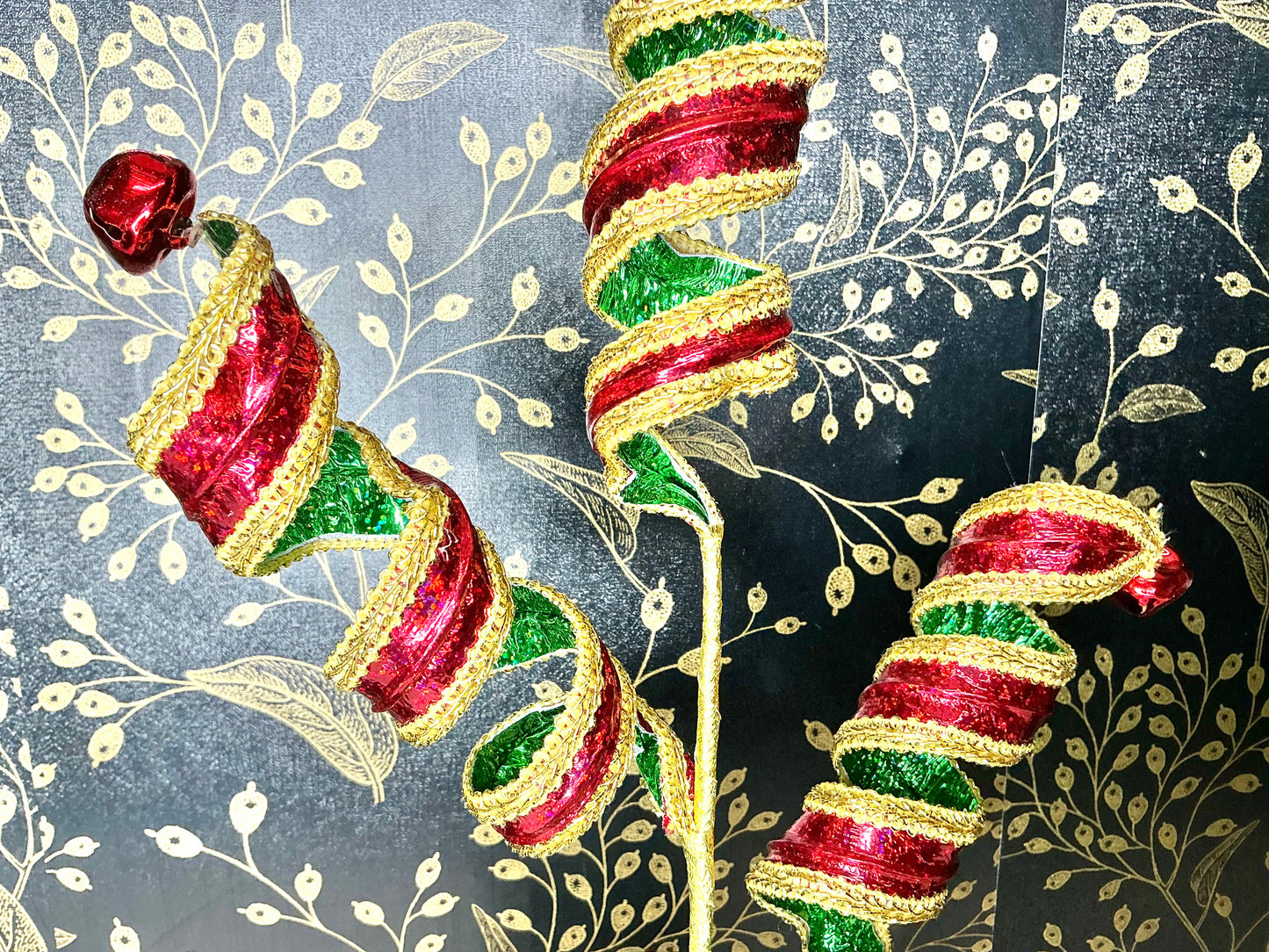 Metallic red, green, gold curly with bells, 86277RDGN