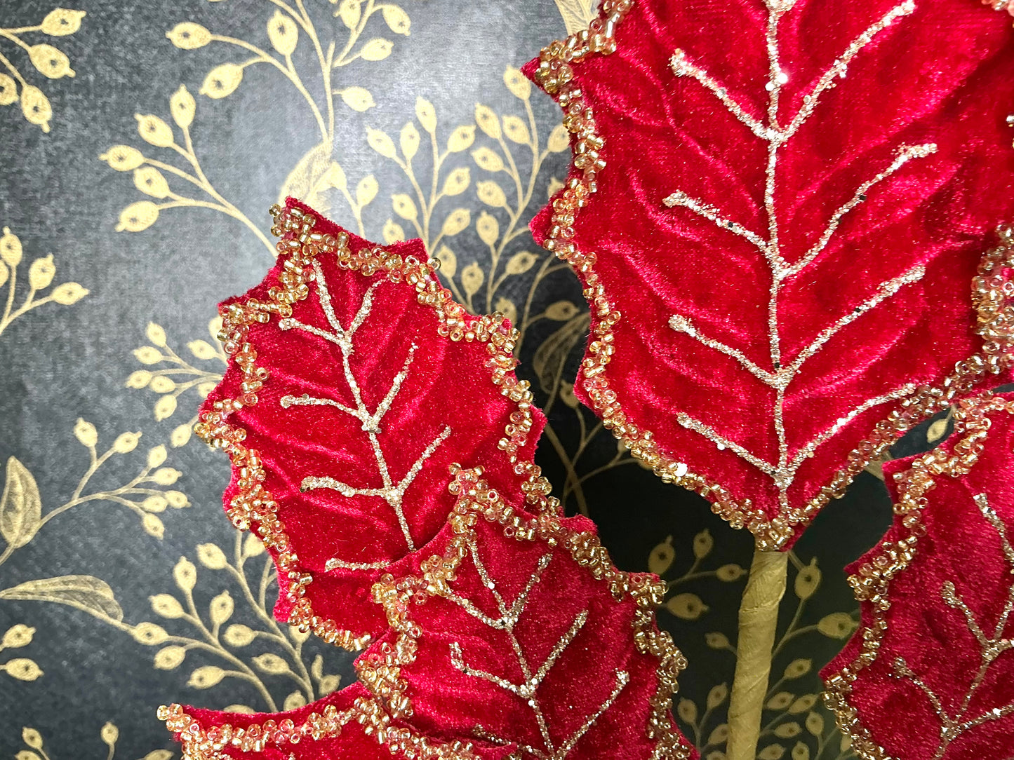 Burgundy Beaded Velvet Leaf Spray, MTX75940