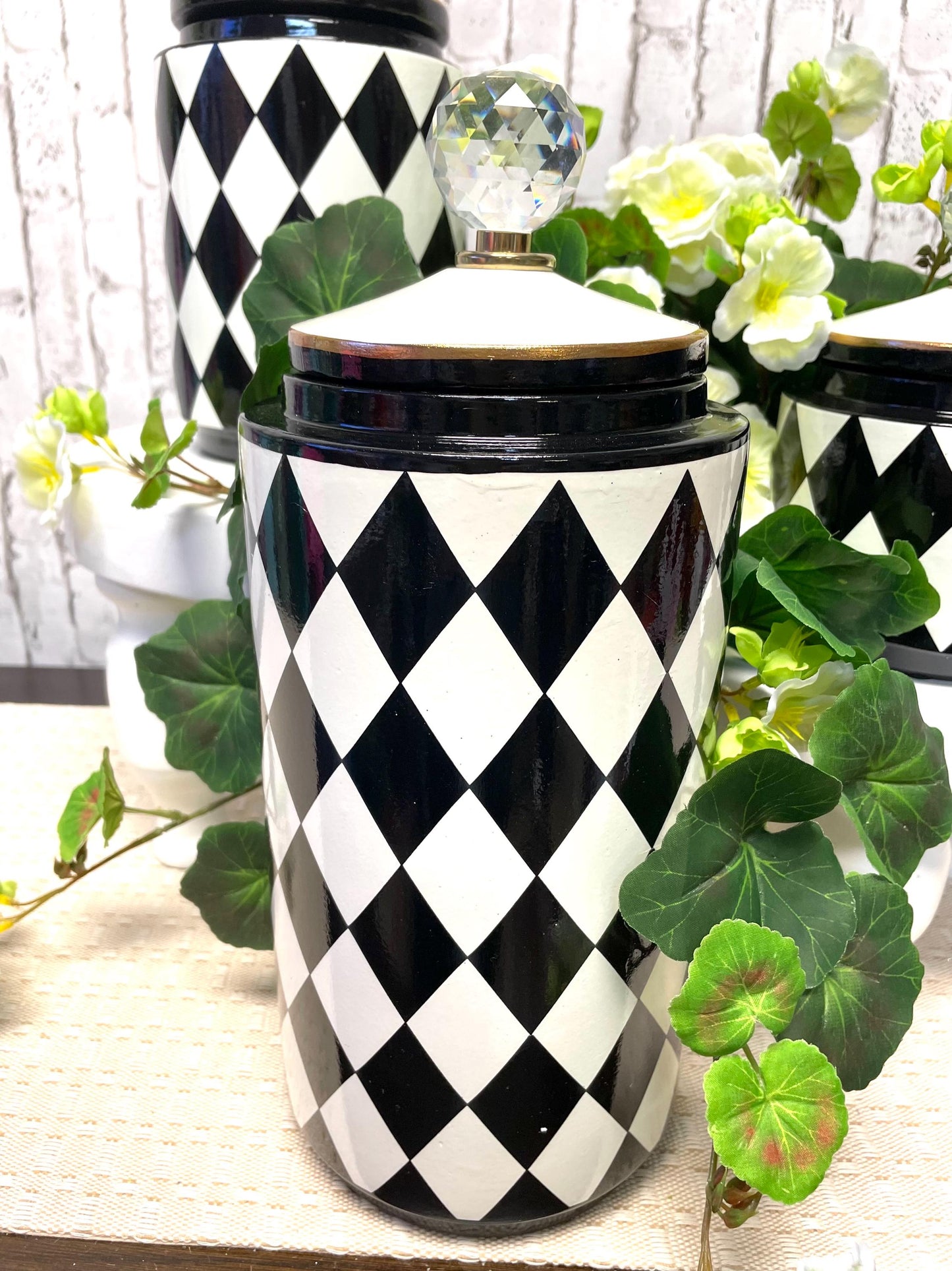 canister set, Mark Robert’s Harlequin black and white canister set, home decor, kitchen decor, harlequin vases