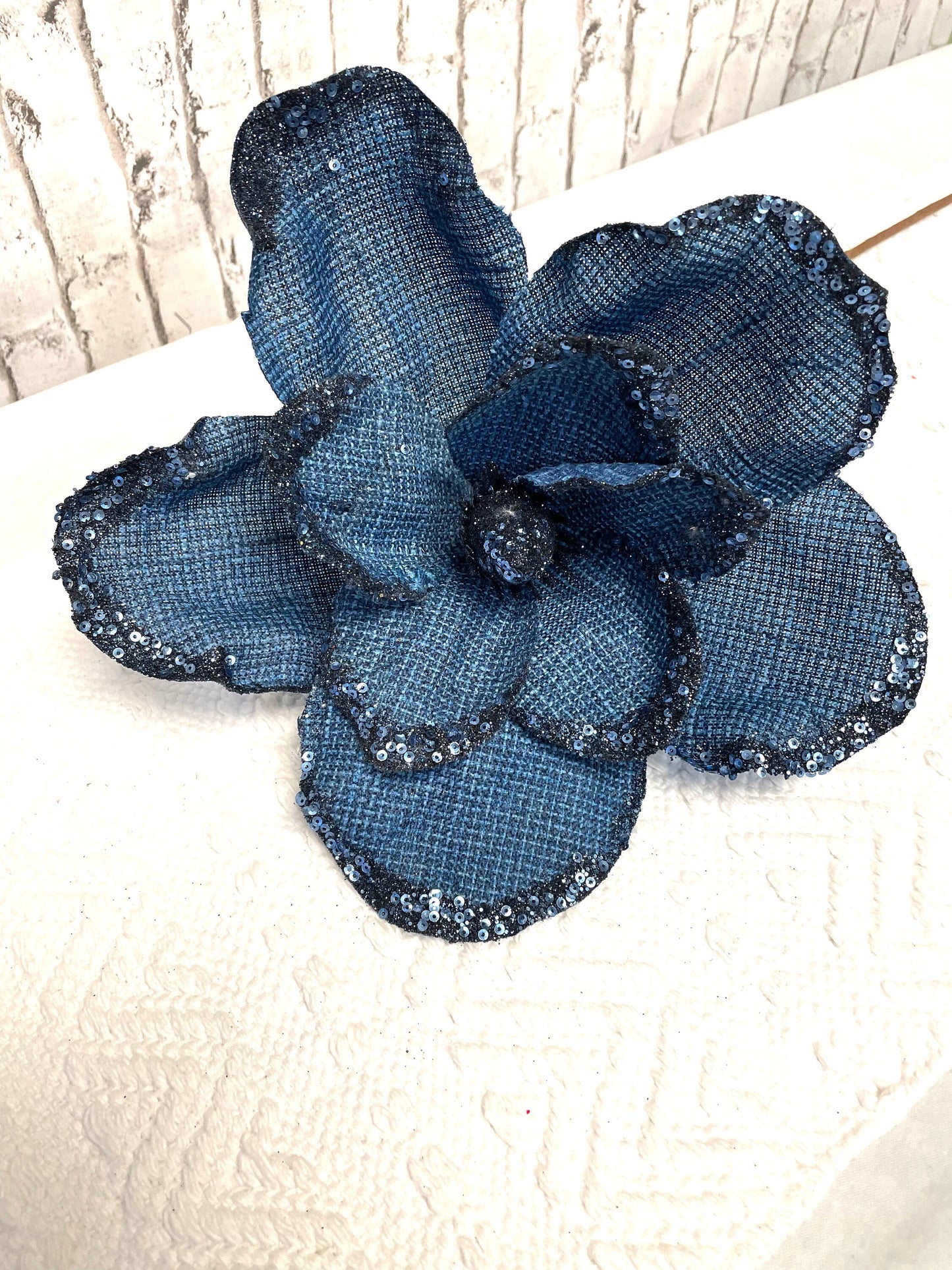 Navy burlap magnolia, navy magnolia with glitter edges, 101279