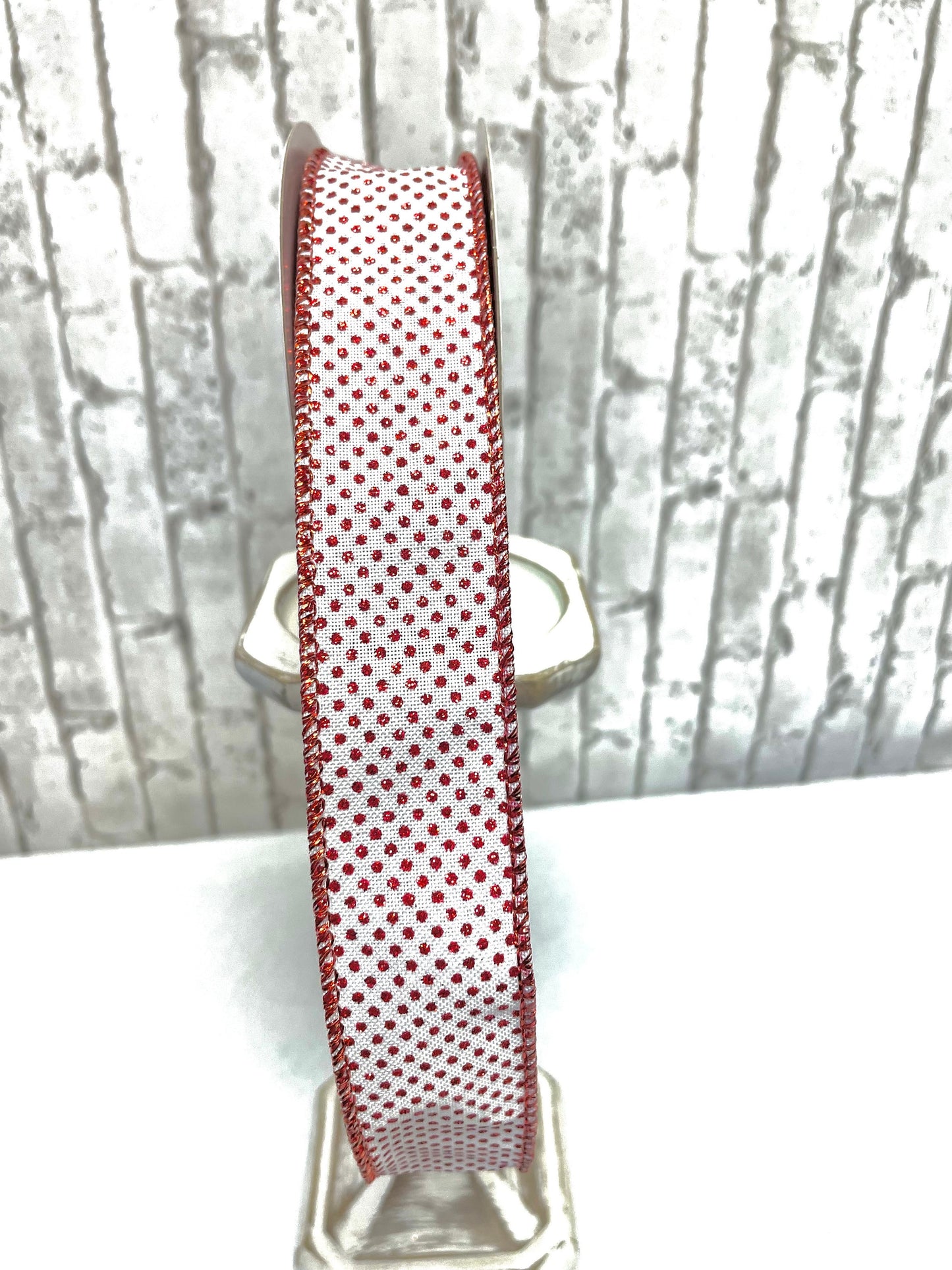 white with red glitter Swiss dot Christmas ribbon, RGA1731F4