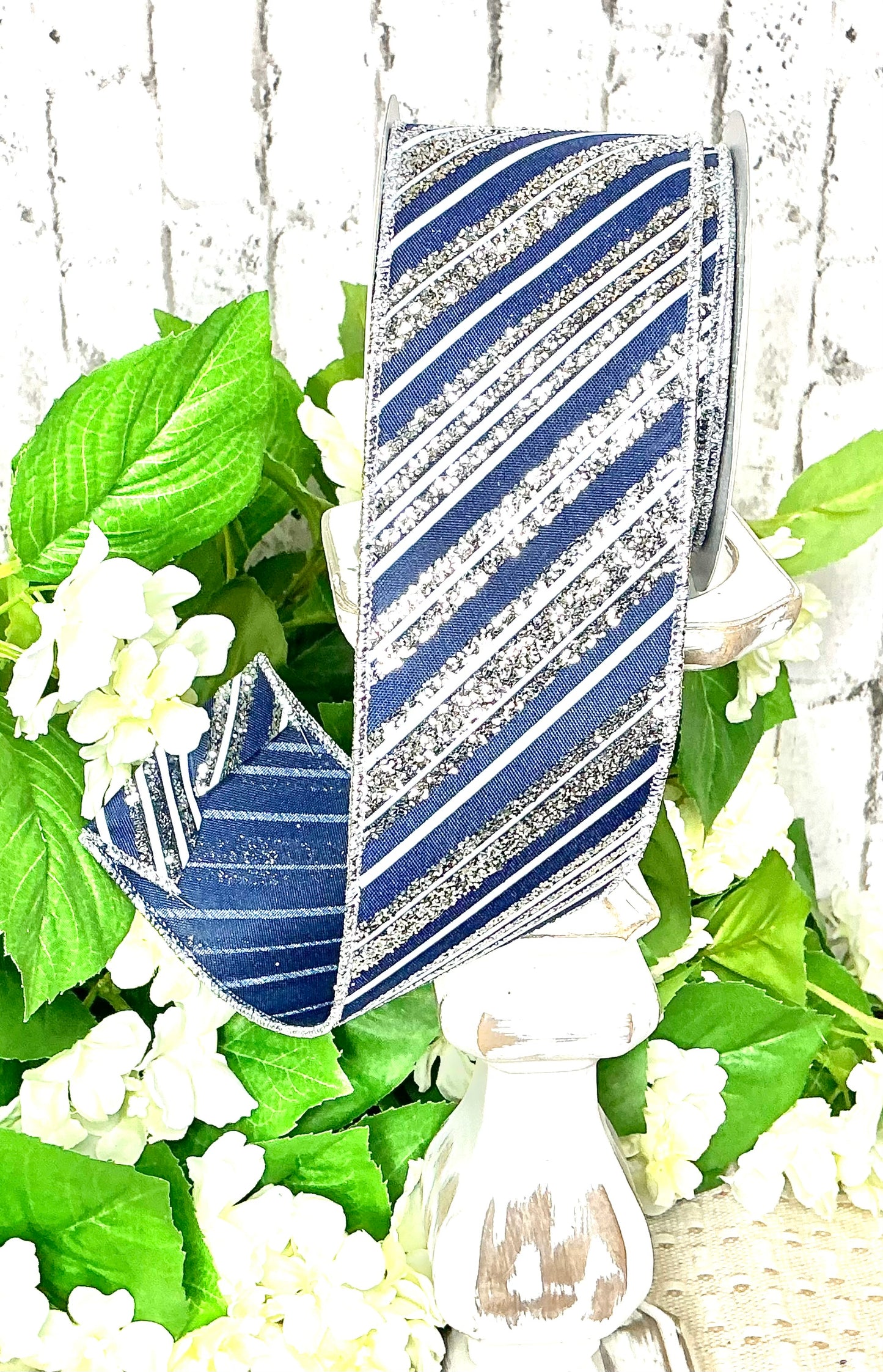 Blue ribbon with white and silver stripes, RGE18533Y