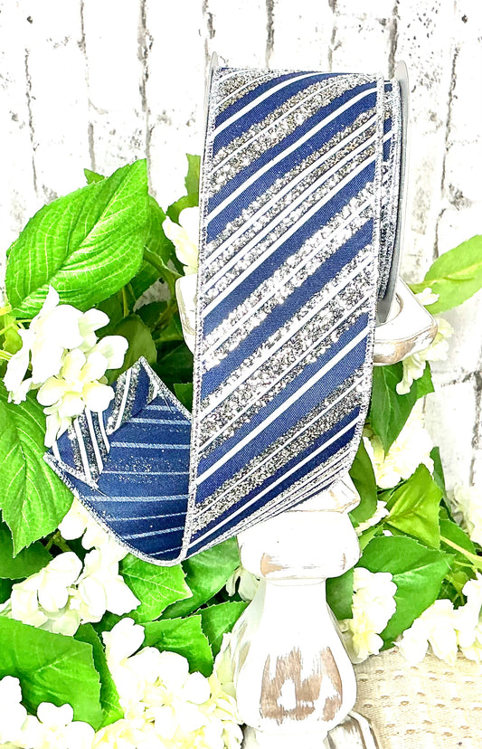 Blue ribbon with white and silver stripes, RGE18533Y