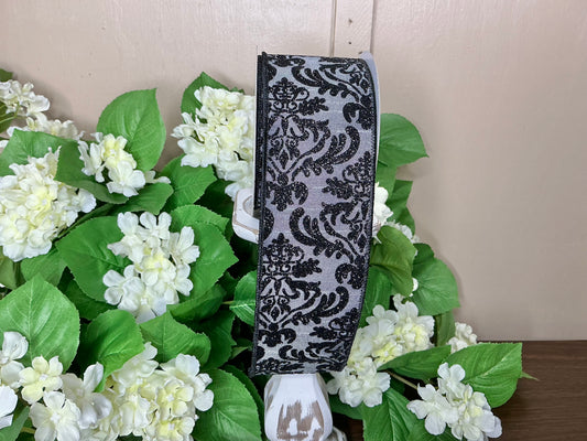 Black and Grey Damask Ribbon, RGB132710