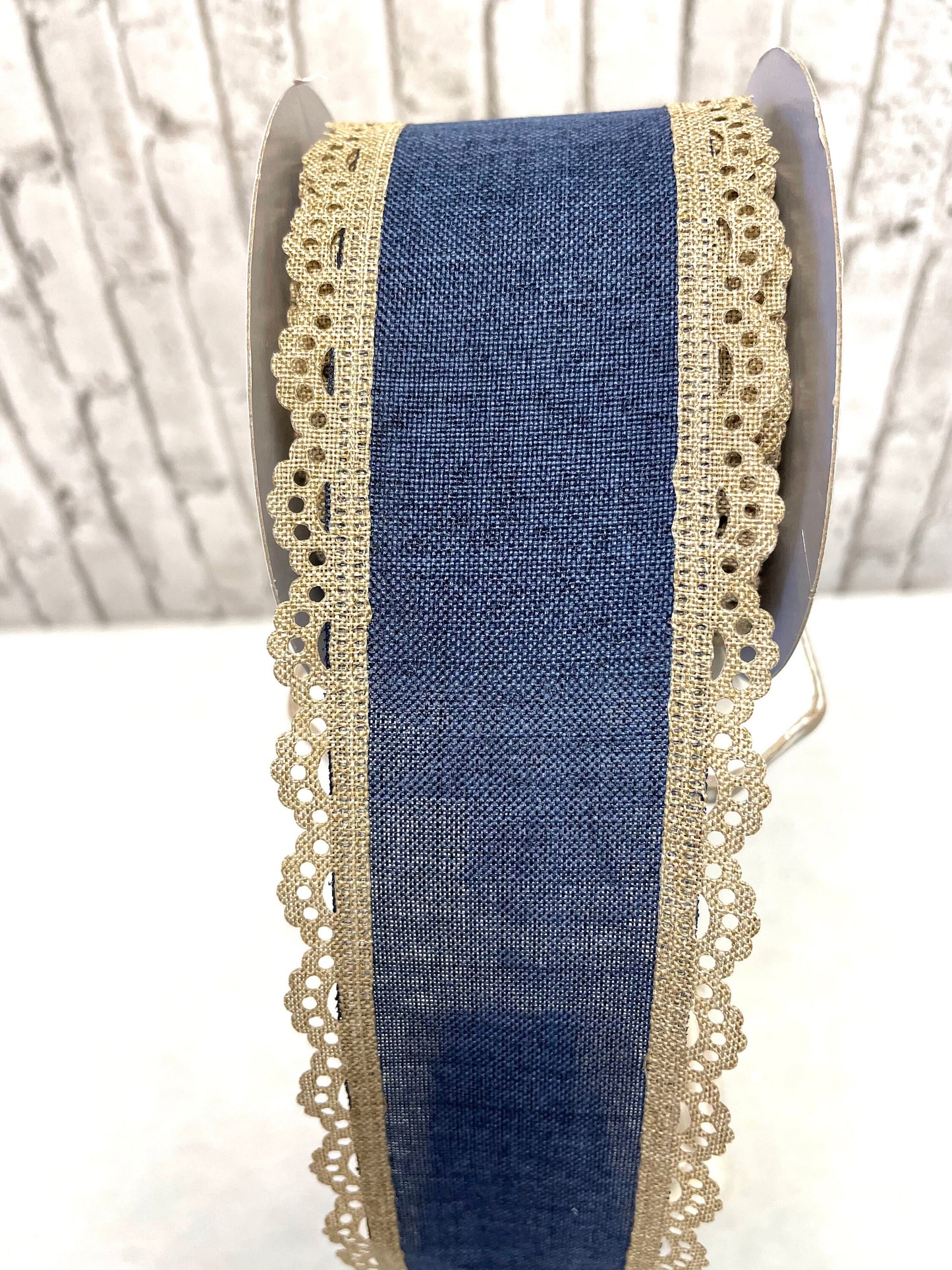 Everyday ribbon, RGA1542K6, denim burlap with beige trim, spring ribbon, summer ribbon, Father’s Day ribbon, country ribbon