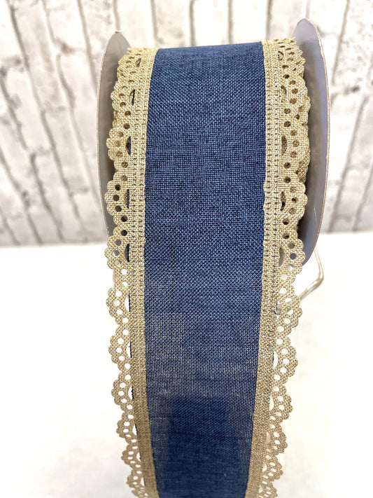 Everyday ribbon, RGA1542K6, denim burlap with beige trim, spring ribbon, summer ribbon, Father’s Day ribbon, country ribbon