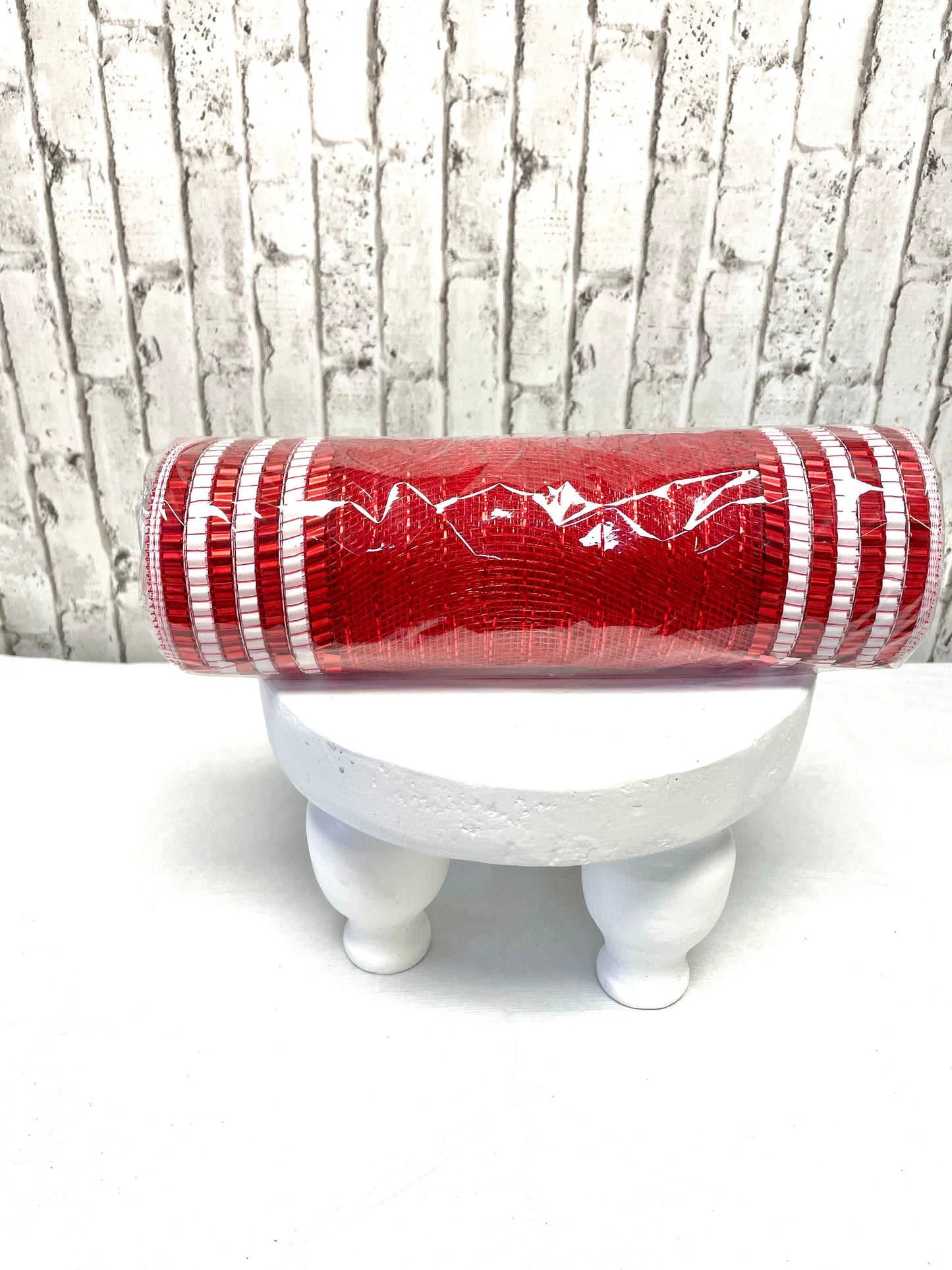 red mesh with metallic white border stripes, red mesh Christmas mesh RY851549, peppermint mesh, valentines mesh