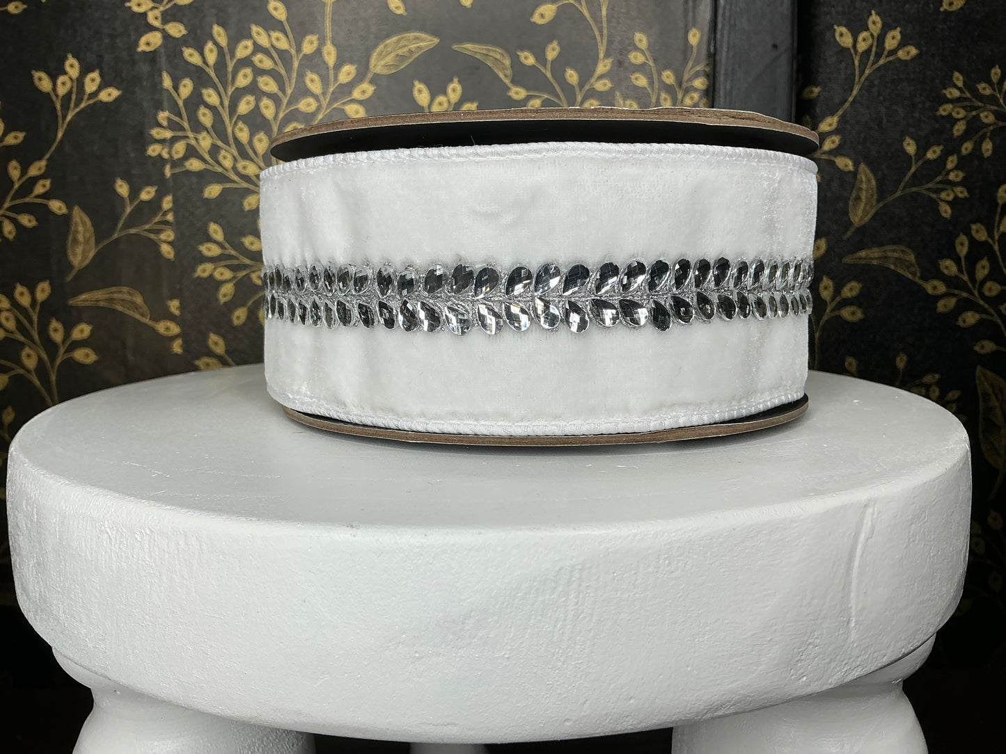 White Velvet Silver Drop Jewel Ribbon - Vickerman