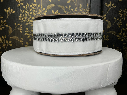 White Velvet Silver Drop Jewel Ribbon - Vickerman