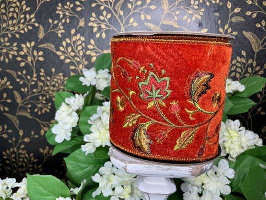 Orange velvet ribbon with embroidered fall leaves