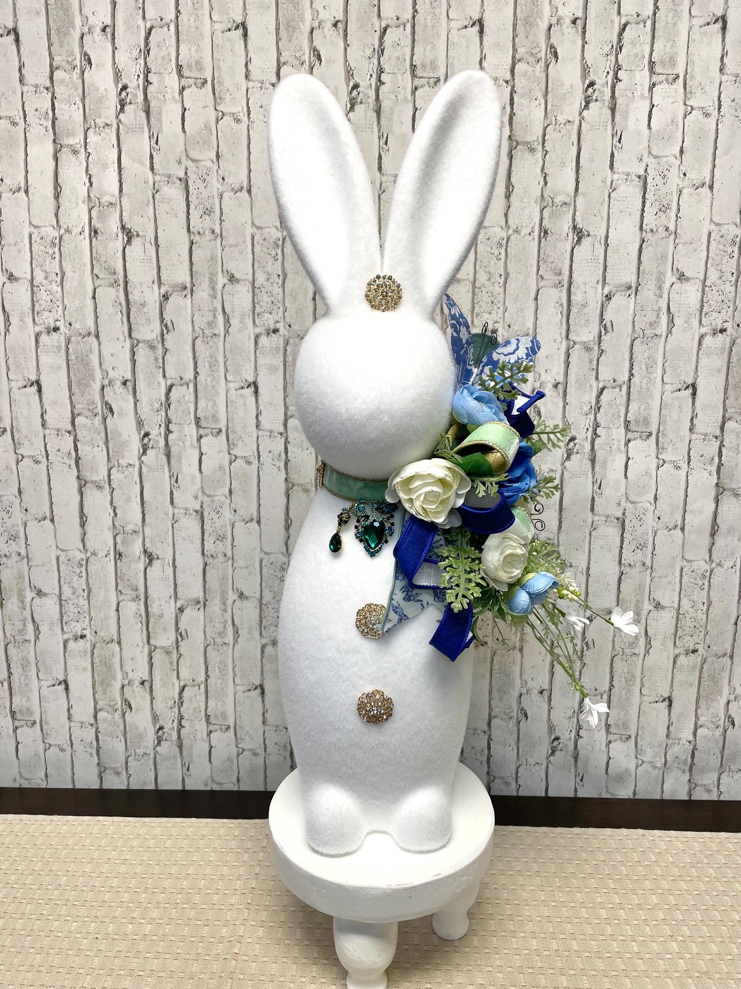 large flocked bunny with jewels, 26x10,  glam chiniocerie flocked bunny, Easter decor, Easter centerpiece, bunny decor,free shipping.