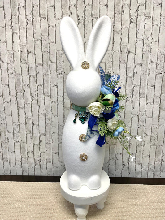 large flocked bunny with jewels, 26x10,  glam chiniocerie flocked bunny, Easter decor, Easter centerpiece, bunny decor,free shipping.