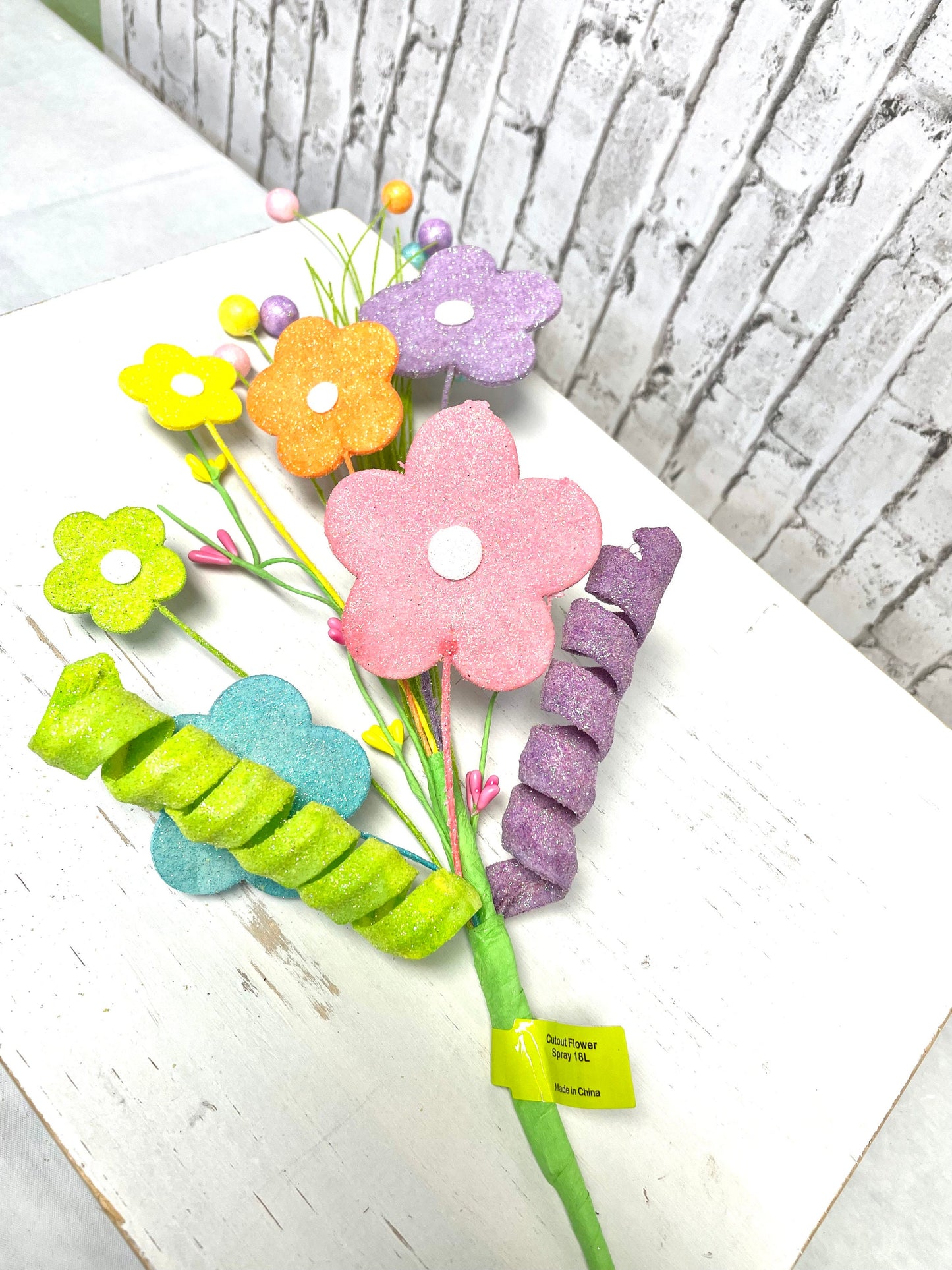 Spring spray, flower spray, 61960EAS, spring glitter flower spray, spring flower pick, glitter flower pick