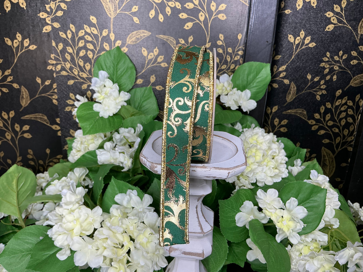 Green with Metallic Gold Ribbon, 7/8”x10YD