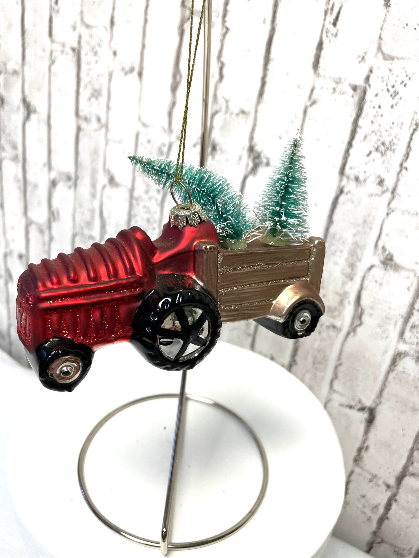red tractor with tree Christmas ornament, wreath embellishment, unique gift