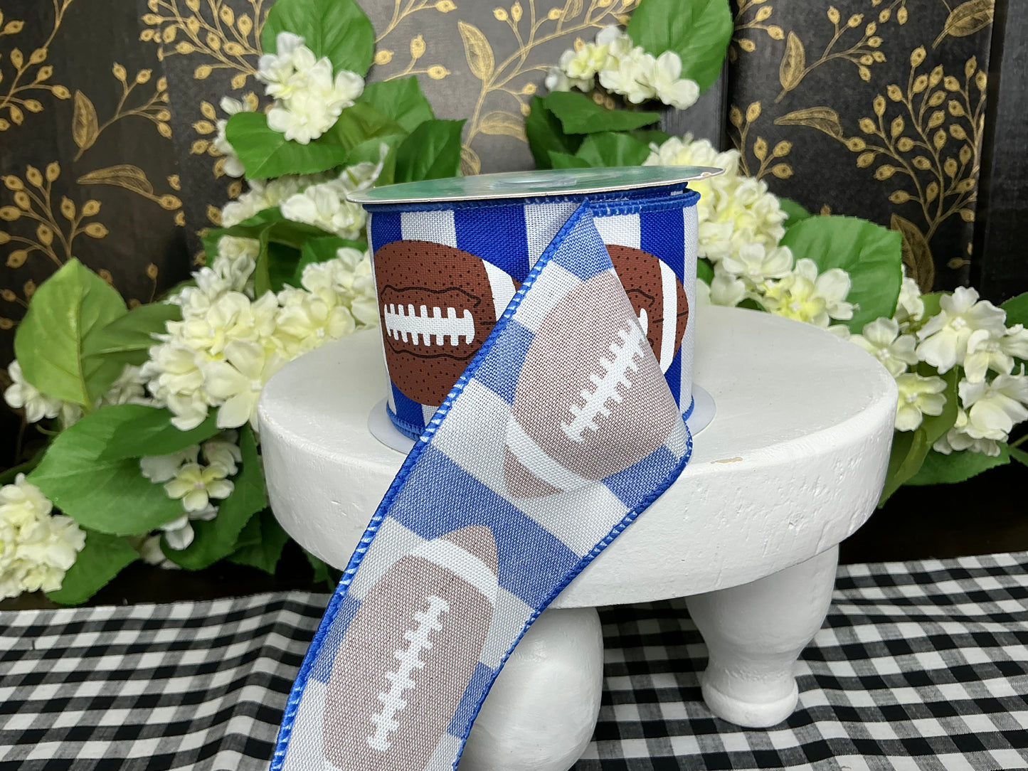 Blue/White Stripes with Footballs Ribbon
