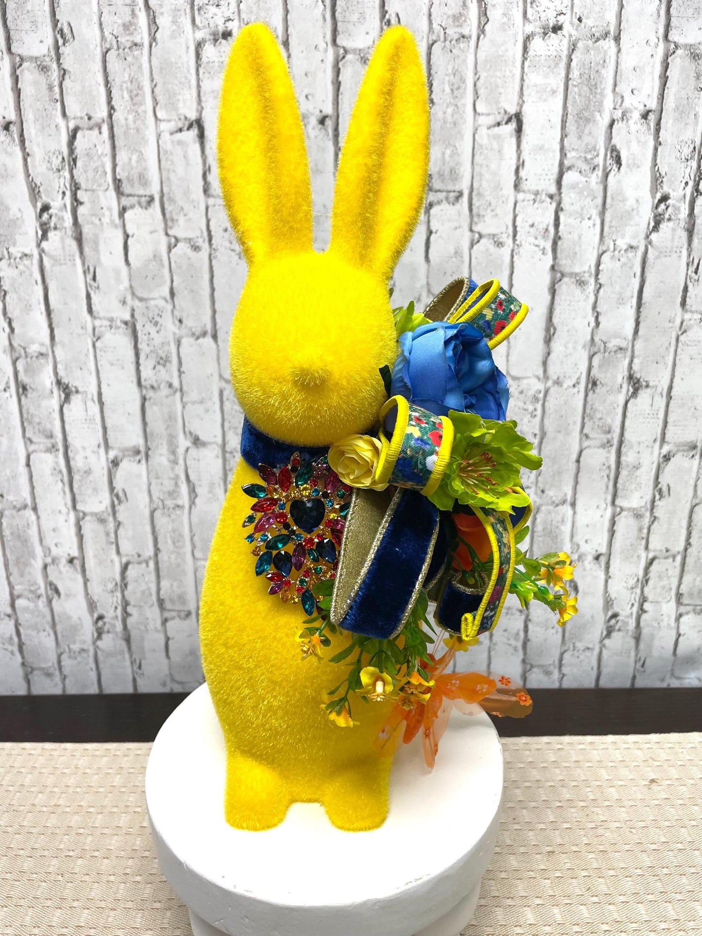 flocked bunny with flowers and gems, Easter decor, Easter bunny decor, glam bunny decor, 16 inch bunny decor, yellow bunny decor, gift