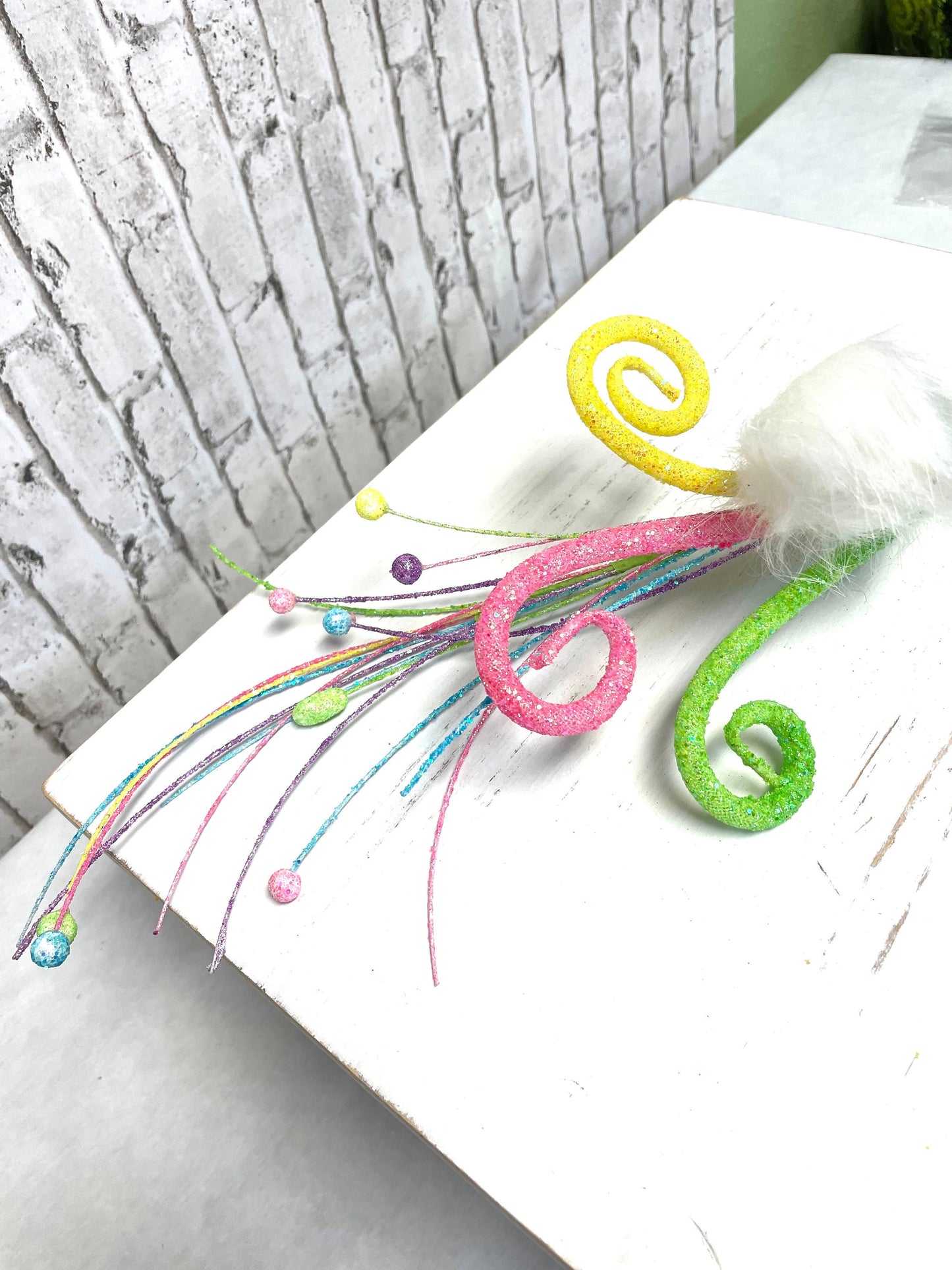 Furry ball curly spray, Easter spray, 62030SP16, spring spray, glittery curly spray, curly spray, fuzzy bunny tail curly spray