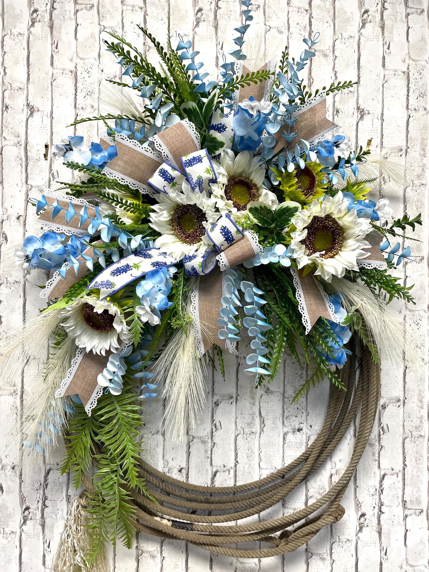 rope wreath, used lariat wreath, authentic lasso wreath, blue bonnet wreath, sunflower wreath, farmhouse wreath, free shipping