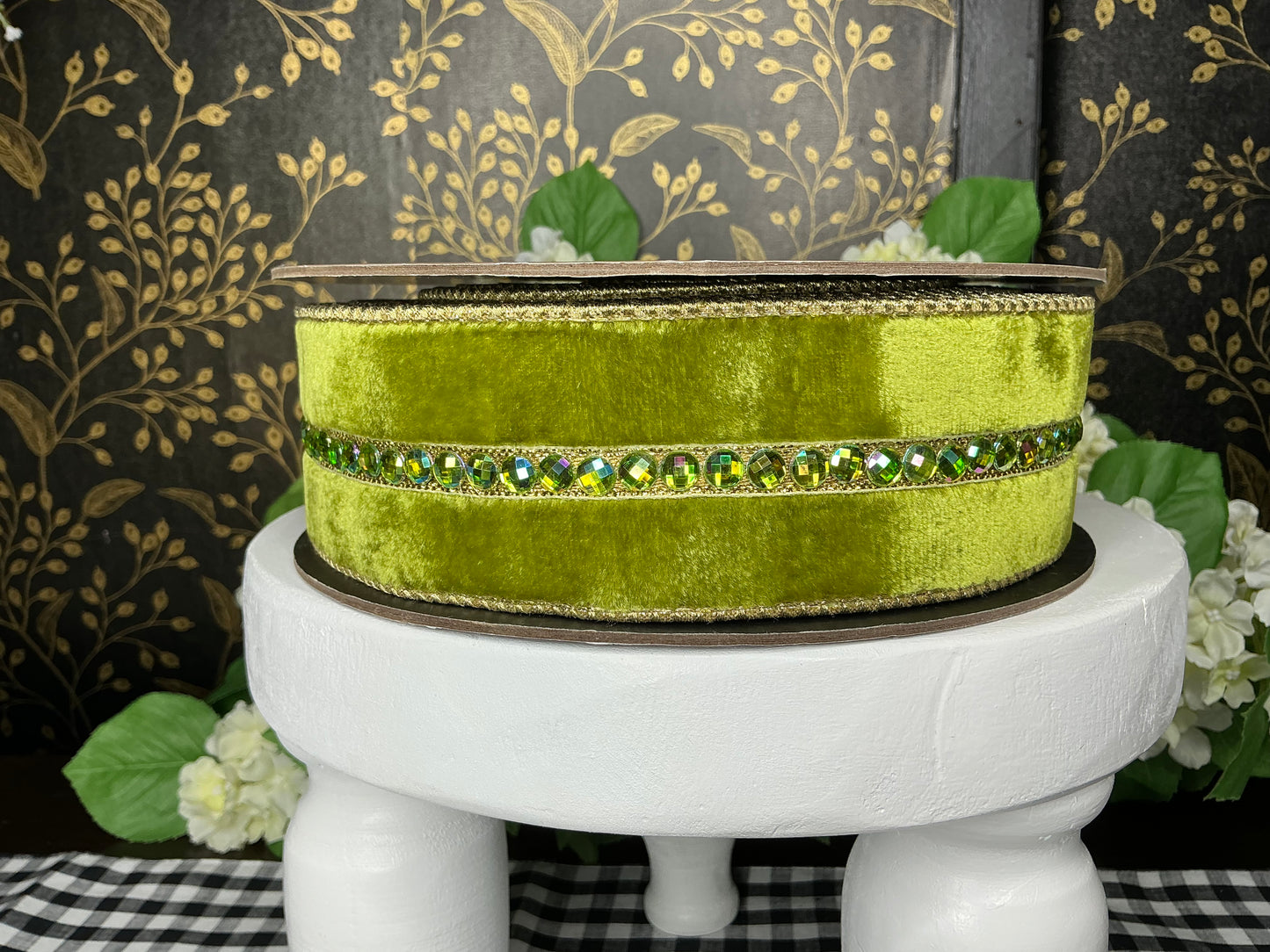Lime Green velvet Ribbon with Jewel trim Center - d stevens