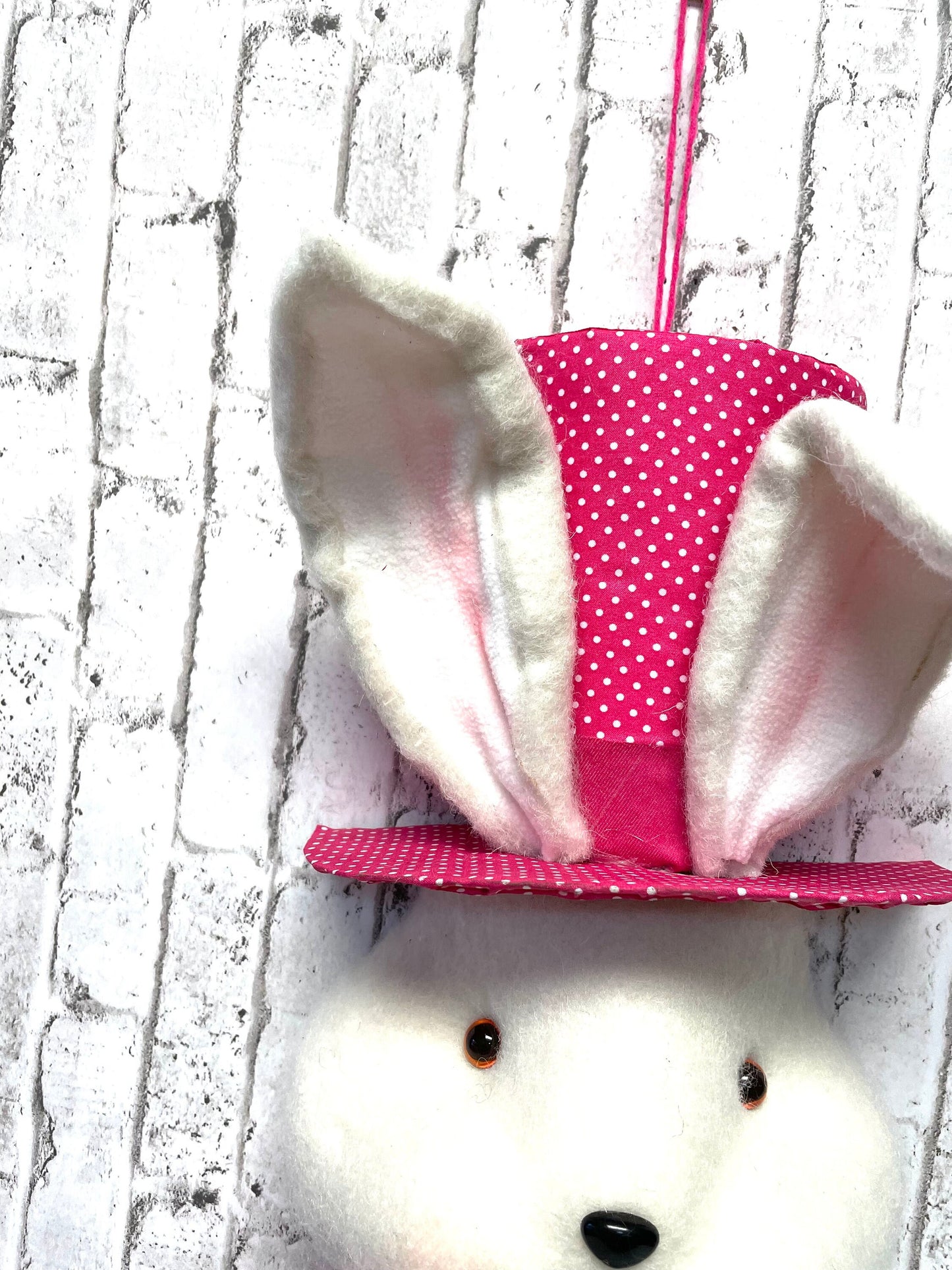 White Bunny With Hot Pink Hat and Bow - Wreath Attachment