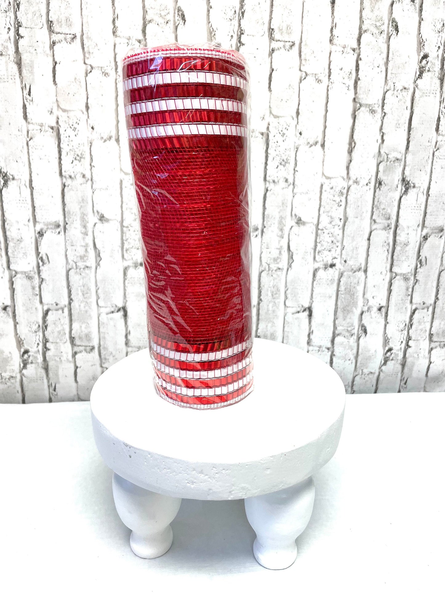red mesh with metallic white border stripes, red mesh Christmas mesh RY851549, peppermint mesh, valentines mesh