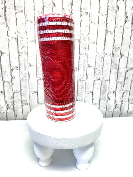 red mesh with metallic white border stripes, red mesh Christmas mesh RY851549, peppermint mesh, valentines mesh