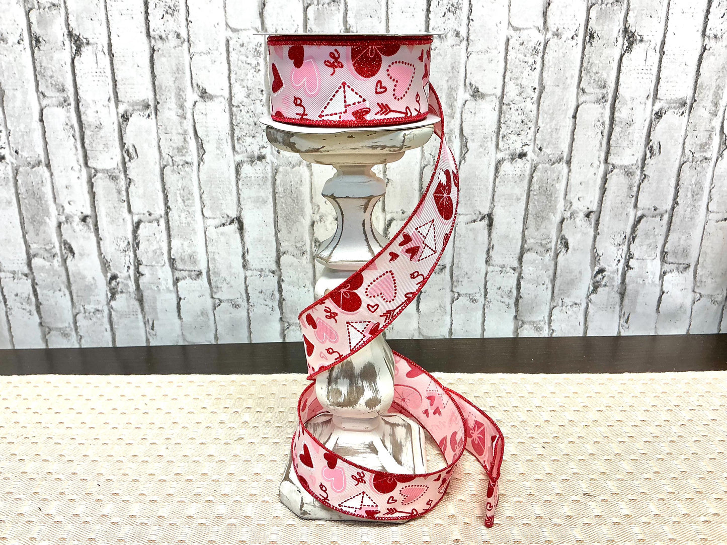 Pink, Red and white Heart Valentine ribbon, 1.5”x10yds, Wired, RGF116215