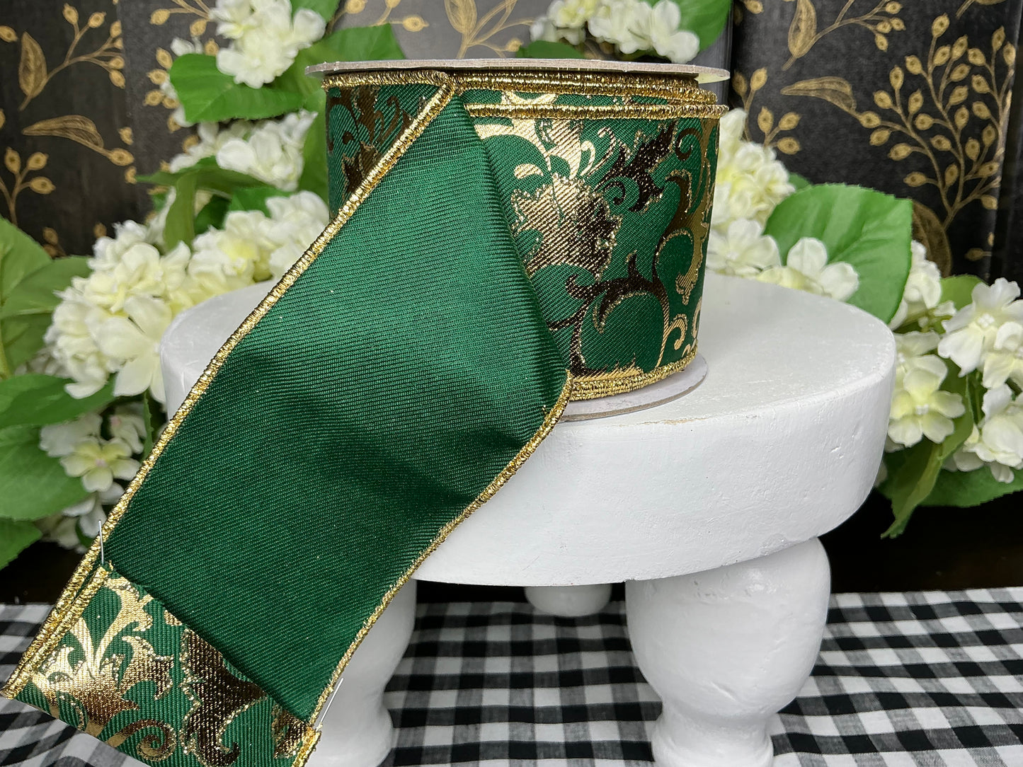Green and Metallic Gold swirl leaf Ribbon - 2.5”x10YD