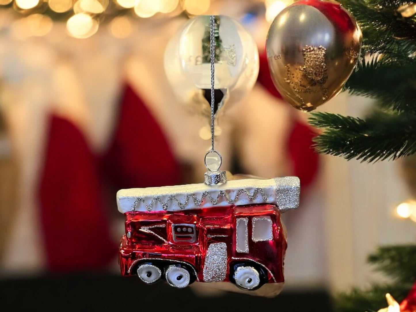 Firetruck Christmas Ornament, Blown glass