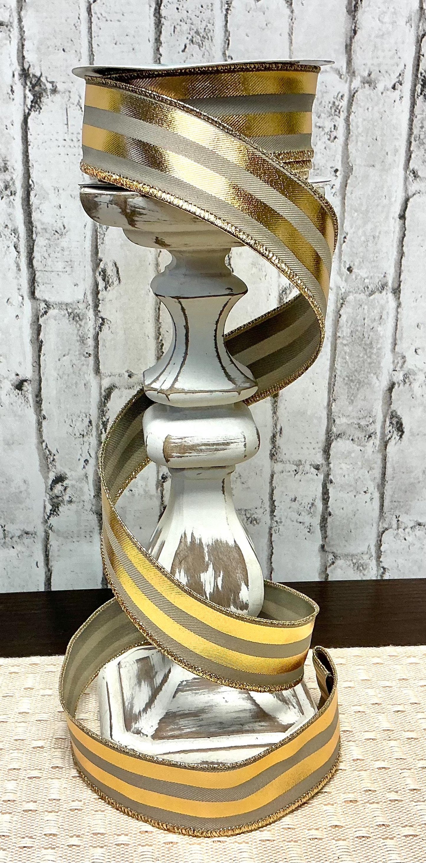 Taupe and Gold Metallic Vertival Stripes, 1.5” x 10YD, Wired, RGE142839