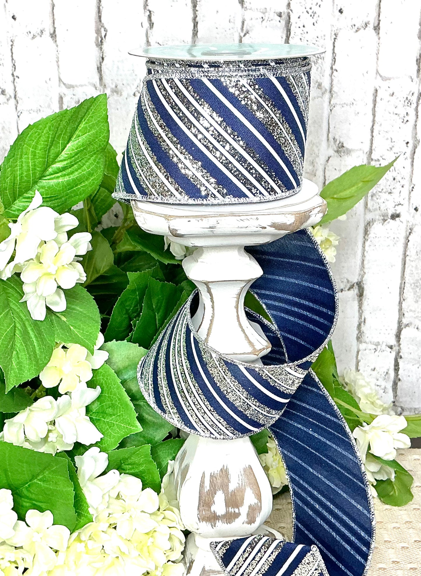 Blue ribbon with white and silver stripes, RGE18533Y