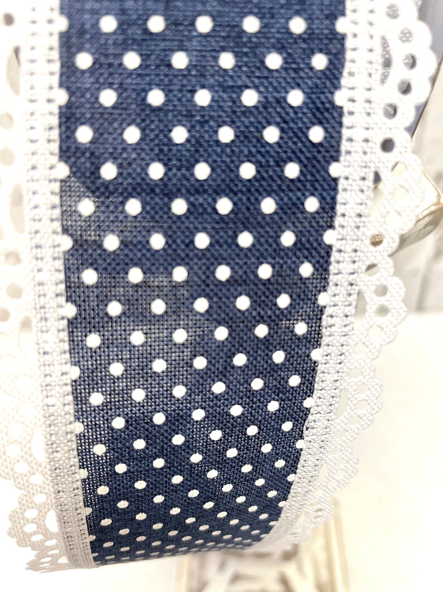 RGO887019, navy Swiss dot with lace trim ribbon