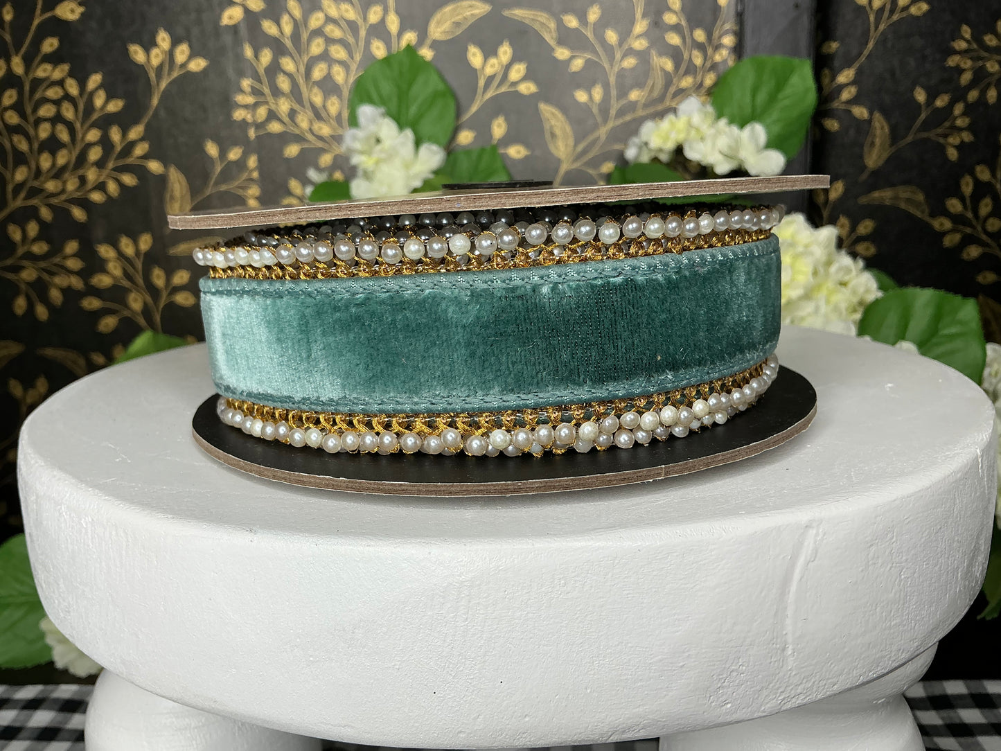 Celadon Velvet Ribbon with Pearl side trim - d stevens