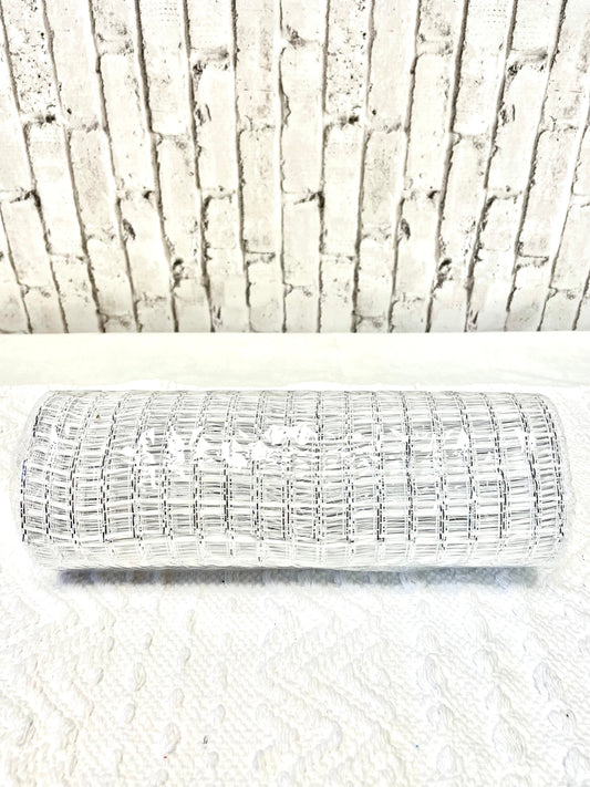 White mesh,RE137427, white thin double striped mesh, white mesh with silver tensel