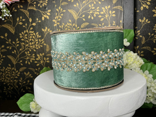 Celadon Velvet Ribbon with jewels and pearls - d stevens