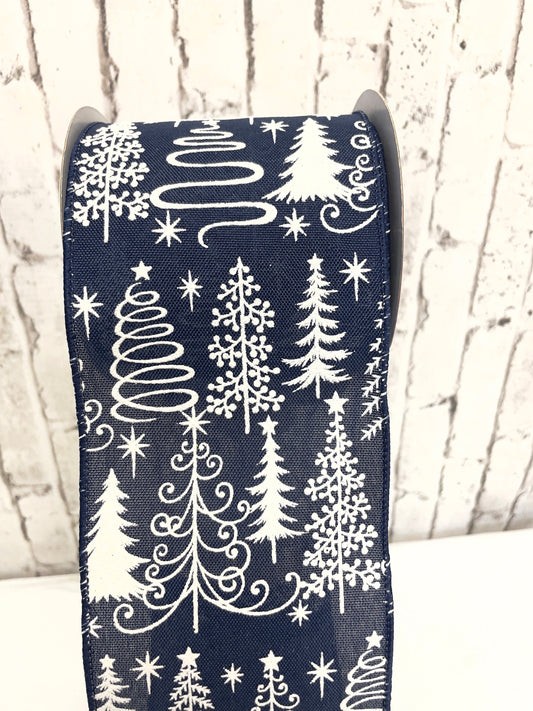 navy Christmas tree ribbon, glitter tree Christmas ribbon, RGE161619, 4 inch Christmas ribbon