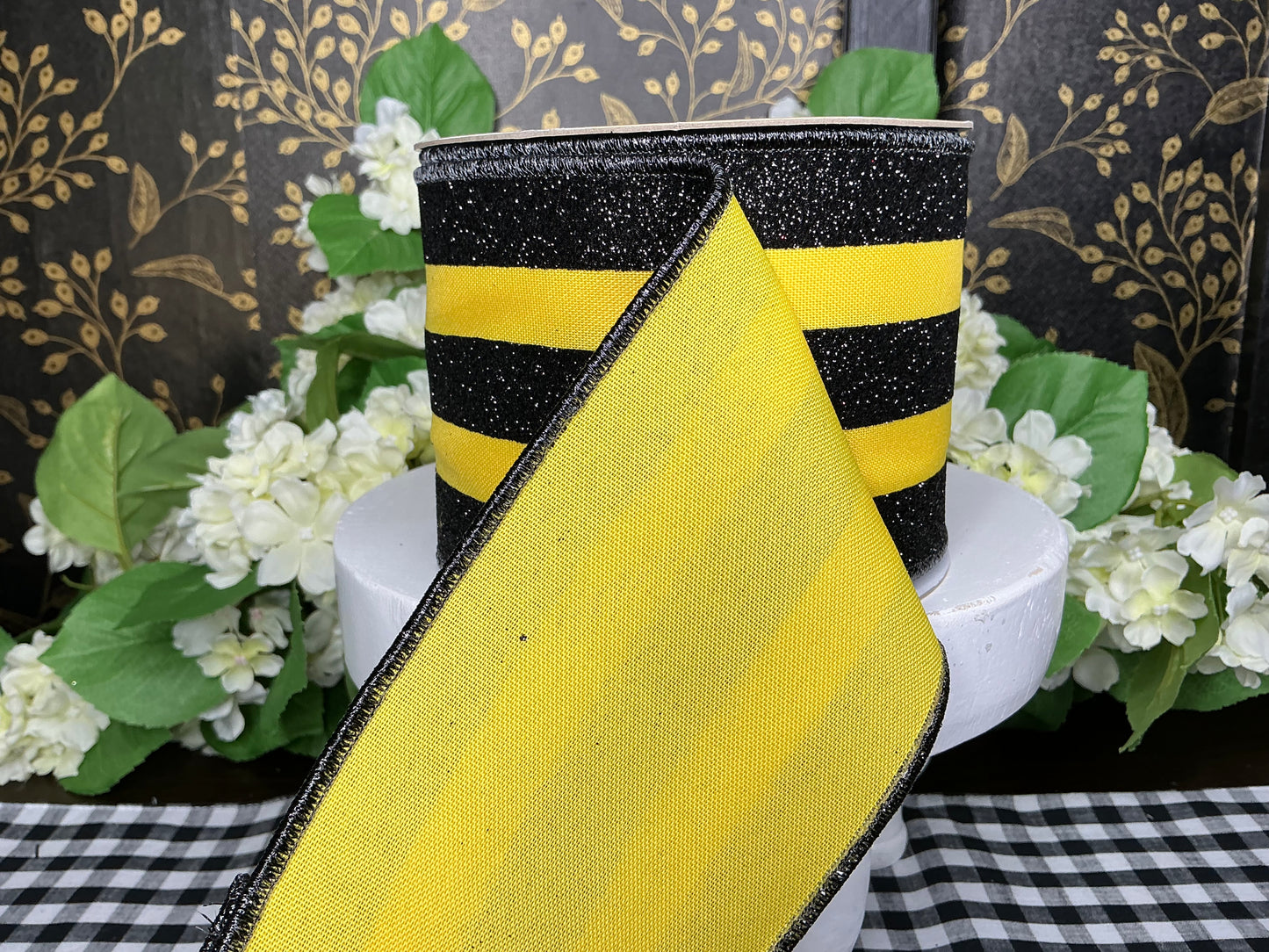 Yellow with Black Glitter Stripe Ribbon - D’Lux - 4”