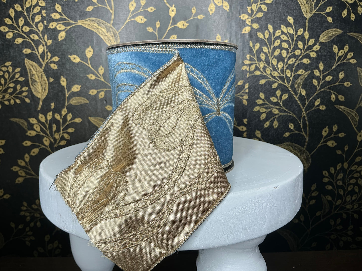 Dusty Blue Velvet Ribbon with Embroidered Bow - d stevens